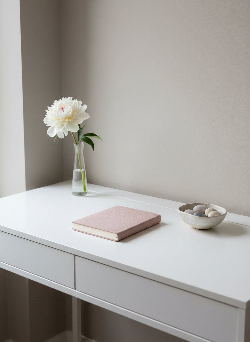 A tidy, modern writing desk in soft matte white stands against a pale, warm-gray wall, symbolizing clarity and conscious reflection. On the desk: a closed, linen-textured notebook in a muted blush tone, a slender glass vase holding a single white peony just beginning to open, and a small ceramic bowl filled with smooth, pale stones. Diffused overcast daylight enters from an unseen window, wrapping the scene in even, gentle light with minimal shadows. Photographic realism with a clean, sophisticated aesthetic, shot from a slightly elevated, three-quarter angle with sharp focus throughout. The mood is orderly, calm, and introspective, suggesting a protected mental space for processing past abuse and planning healthier choices, without referencing any explicit harm or conflict.
