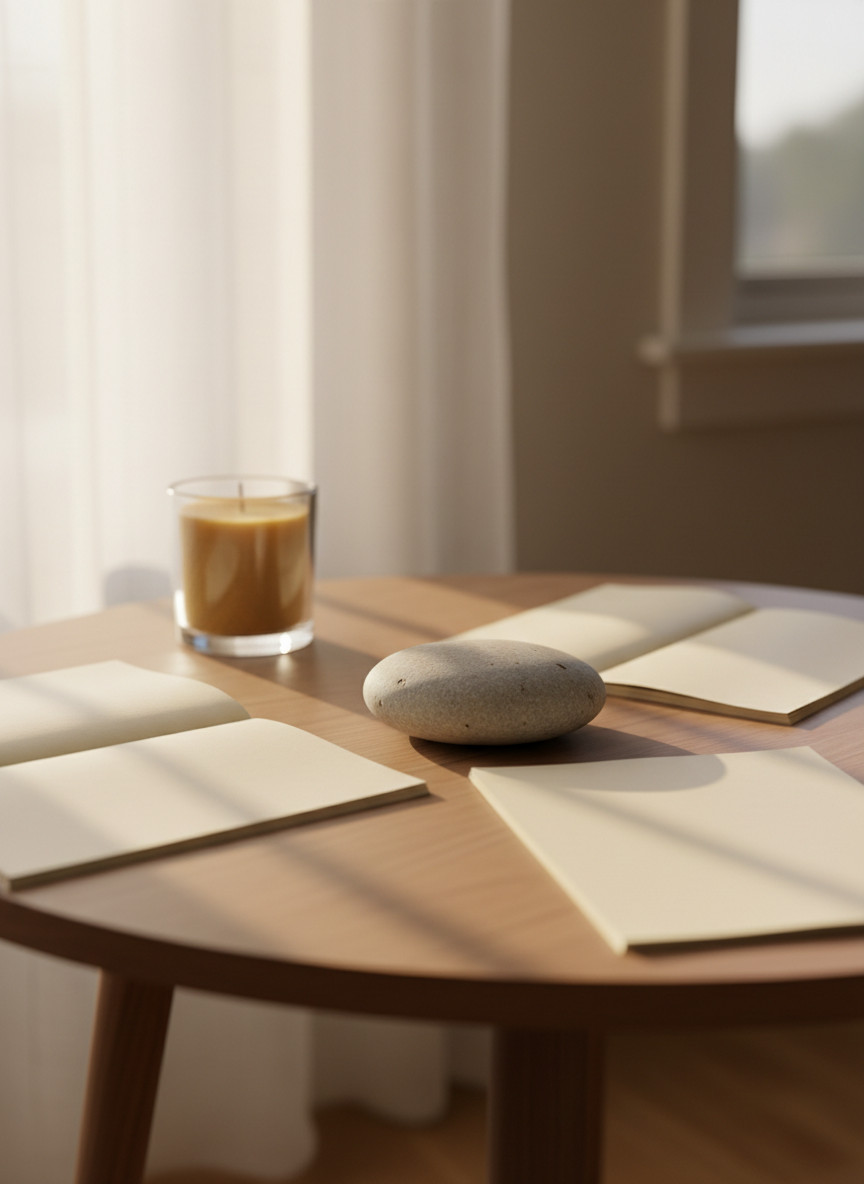A smooth river stone, light gray with subtle specks, rests at the center of a low, round wooden table with a natural matte finish, symbolizing grounded inner peace. Around it lie open, blank cream-colored journal pages and an unlit beeswax candle in a simple glass holder. Soft morning light filters through a sheer curtain, casting gentle, elongated shadows and a calm glow across the scene. Photographic realism with a sophisticated, minimalist aesthetic, shot at eye level with shallow depth of field so the stone is in crisp focus while the background dissolves into a soft bokeh. The atmosphere feels quiet, safe, and contemplative, evoking a sense of calm reflection and the beginning of a healing journey without any signs of conflict or distress.