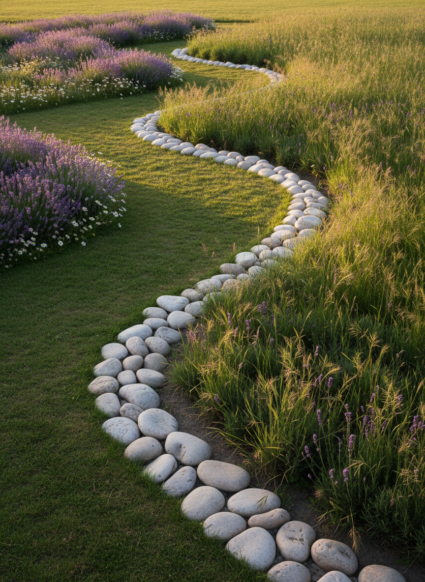 A symbolic boundary image in photographic realism: a simple, low stone wall constructed from smooth, light-colored rocks creates a gentle curve across a sunlit meadow. On one side, the grass is neatly trimmed and dotted with lavender and white wildflowers; on the other, the grass is taller and more unruly, with deeper shadows between uneven tufts. Soft afternoon sunlight washes the entire scene, casting mild, inviting shadows that define the textures of stone and grass without any harsh contrast. Captured from a slightly elevated, wide-angle perspective, the wall leads the eye diagonally through the frame. The atmosphere feels safe, empowered, and quietly discerning, representing healthy emotional boundaries and the ability to recognize and keep distance from toxic influences, without any humans or threatening imagery.